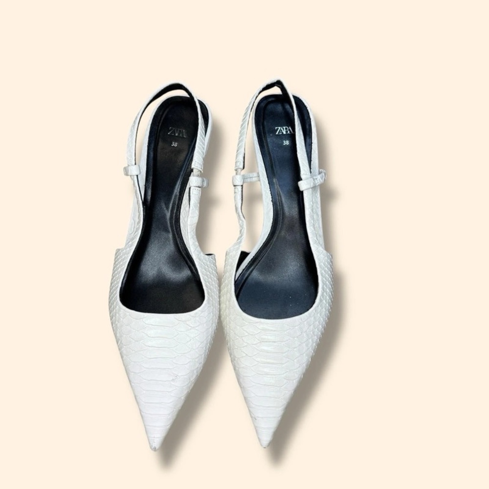 Zara White Textured Slingback Heels